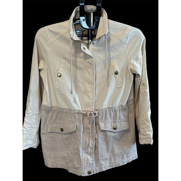 Cotton Linen Color Block Cinched Waist Tie In Back Polagram Jacket Women Size S - Picture 1 of 6